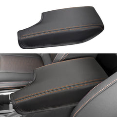 INTGET Crosstrek armrest cover in orange stitching protects the center console from wear.