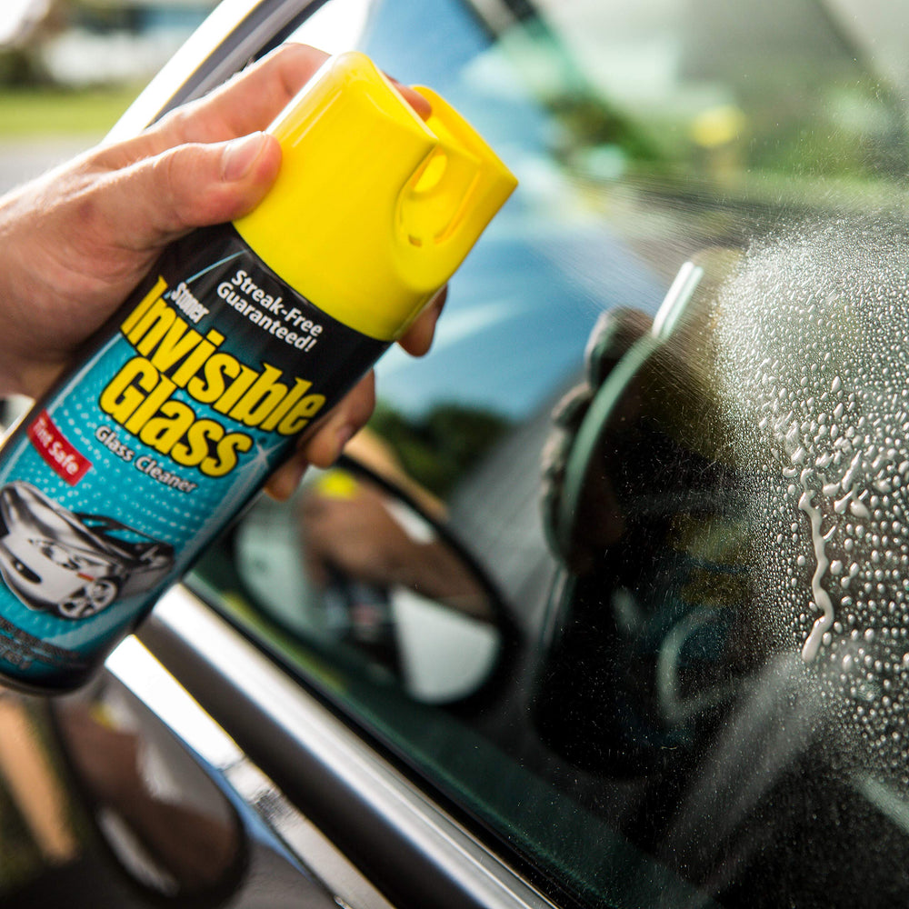 Invisible Glass foaming aerosol spray action lifts dirt on vertical surfaces with minimal drips.