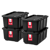 IRIS USA 4-pack 27-gallon storage bins with lids for secure stacking.