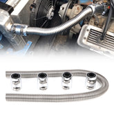 iRKY 48 inch stainless steel flex hose showing flexible routing for radiator connections