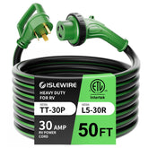 ISLEWIRE 30A RV cord with TT-30P to L5-30R locking connectors for outdoor power use.