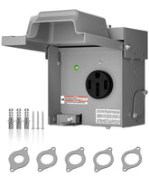 Islewire 50 Amp RV outlet box front view showing weatherproof exterior and rugged build
