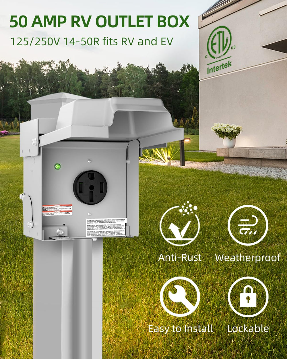 Islewire 50amp RV outlet box side view highlighting sturdy construction