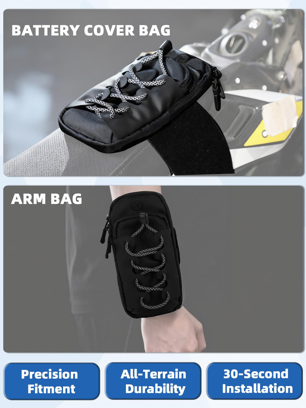 Multi-layer design supports phone keys and wallet during rides.