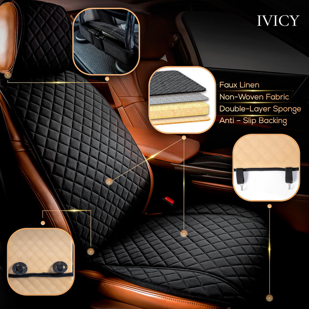 IVICY front seat cover installation shown for quick, tool-free setup.