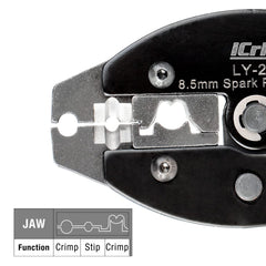 Spark plug wire diameter range 8.0–8.5 mm compatibility shown with IWISS iCrimp