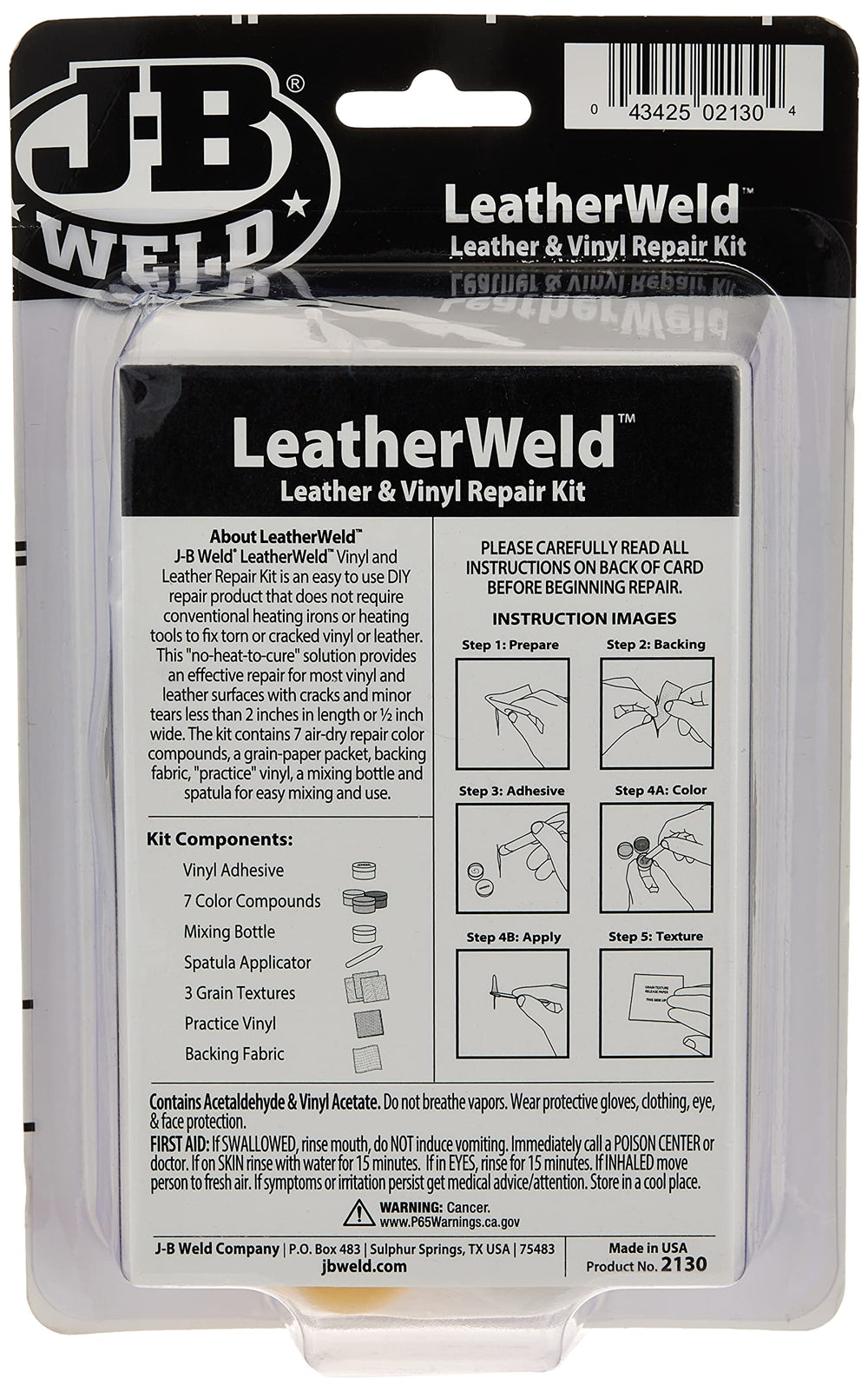 J-B Weld LeatherWeld 3oz contents image shows paste, fabric back, and applicator for durable repairs.