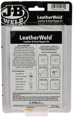 J-B Weld LeatherWeld 3oz contents image shows paste, fabric back, and applicator for durable repairs.