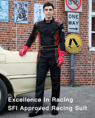 J-RACING racing suit back view, ergonomic fit for intense racing.