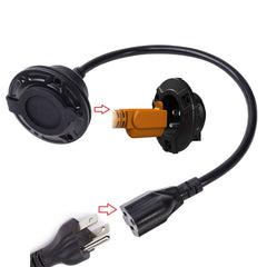 JacEnergy waterproof inlet cap protecting the 125V outlet in any weather.
