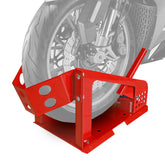 Jack Boss wheel chock front view provides sturdy support for secure parking.