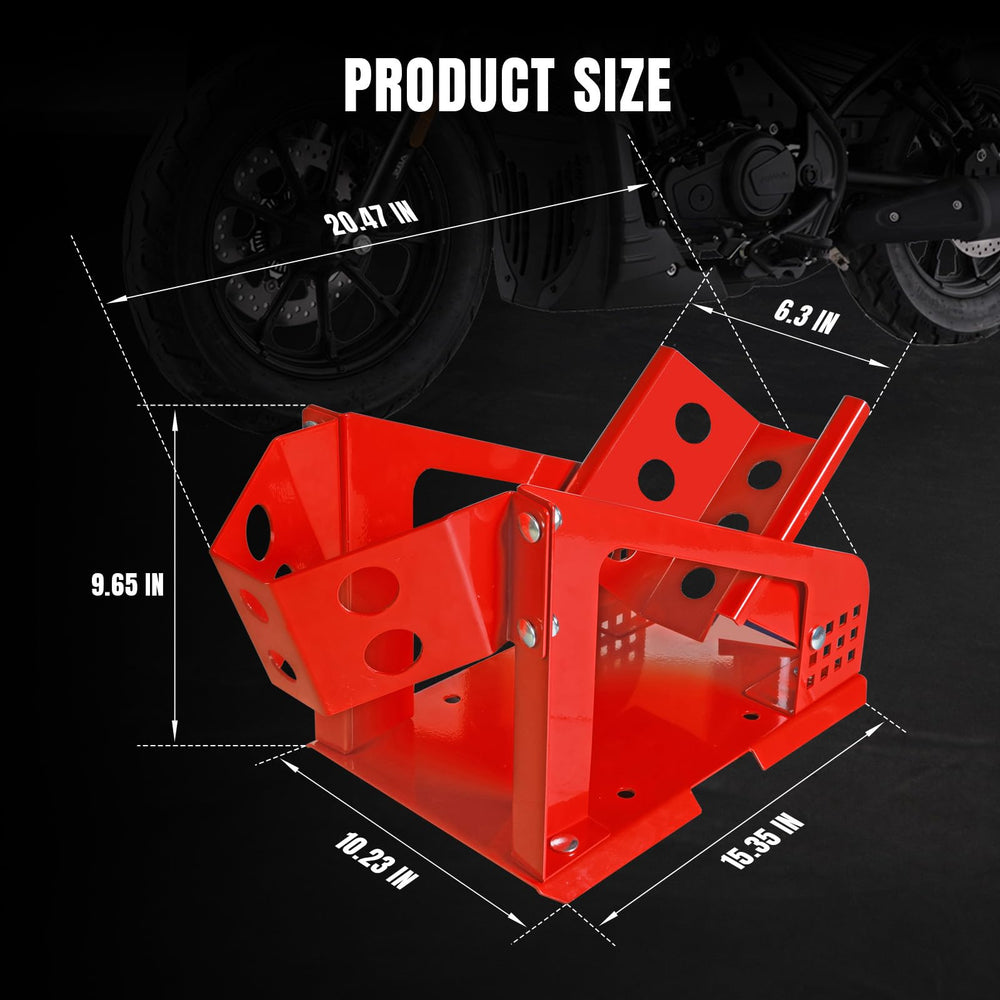 Jack Boss wheel chock side profile demonstrates adjustable sizing for many bikes.