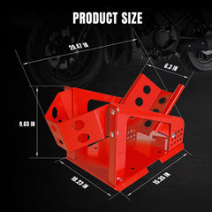 Jack Boss wheel chock side profile demonstrates adjustable sizing for many bikes.