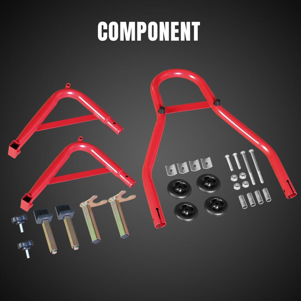 Disassembled paddock stand shown for compact storage