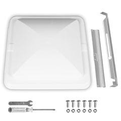 Jack Boss RV roof vent cover in white, durable rain protection and airflow