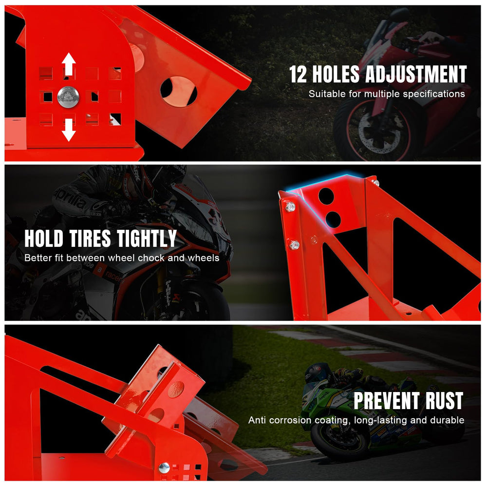 Jack Boss wheel chock garage use keeps bikes stable during storage.