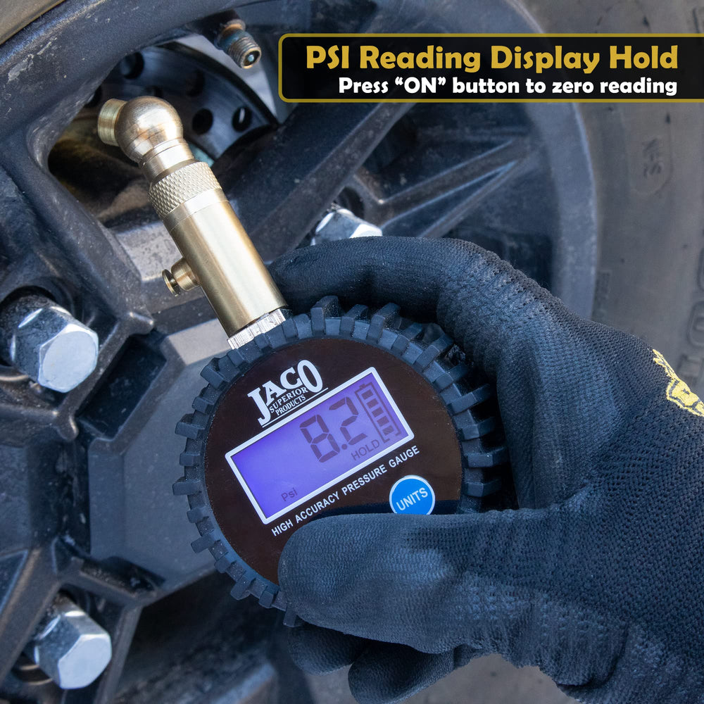JACO Elite Digital Low Pressure Tire Gauge includes two AAA batteries