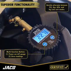 JACO Elite backlit LCD for clear readings in low light conditions.