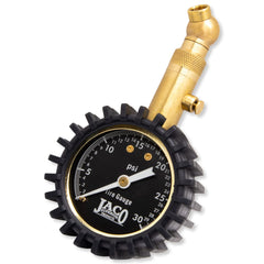 JACO Elite tire gauge dial close-up shows precise 0-30 PSI reading for low-pressure checks.