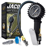 JACO FlowPro tire inflator gauge displaying precision up to 100 PSI for accurate inflation