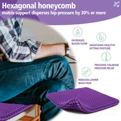 JAEMEYEM purple gel seat cushion on office chair demonstrates secure fit and stability