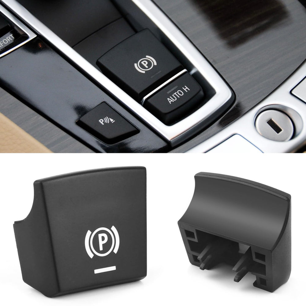 Jaronx BMW parking brake button cover front view showing OEM-like fit.