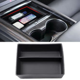 Jaronx Tesla console organizer front view keeps Model S/X center clean and accessible.