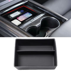 Jaronx Tesla console organizer front view keeps Model S/X center clean and accessible.
