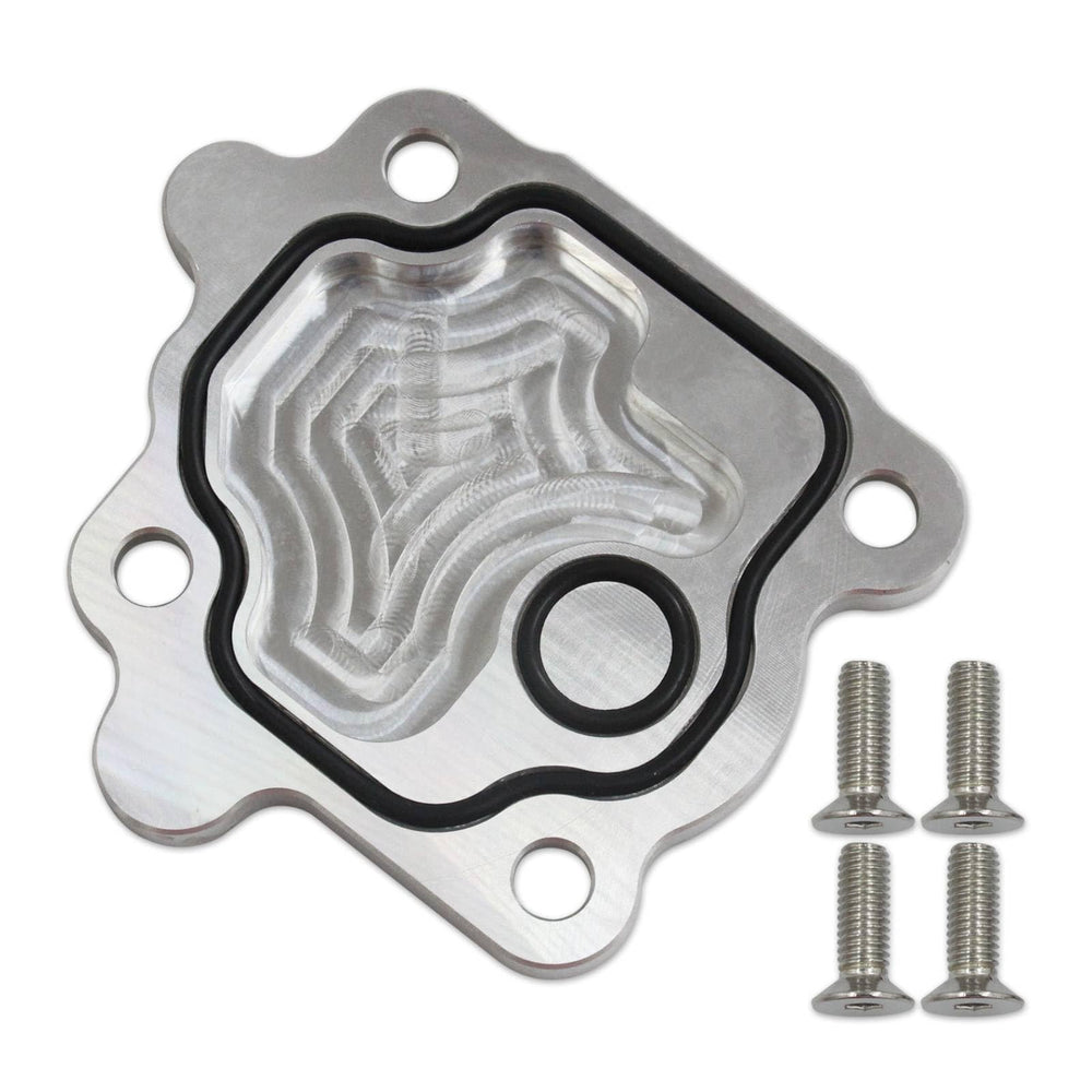 Jasper Autopart vacuum pump delete plate installed in engine bay for a clean, tidy appearance.
