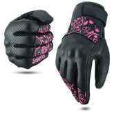 JAUNTY leather motorcycle gloves for women in pink with touchscreen-friendly fingertips.