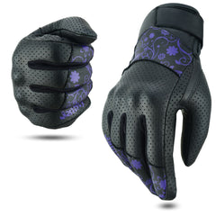 JAUNTY women's leather motorcycle gloves with perforated panels for breathable wear.