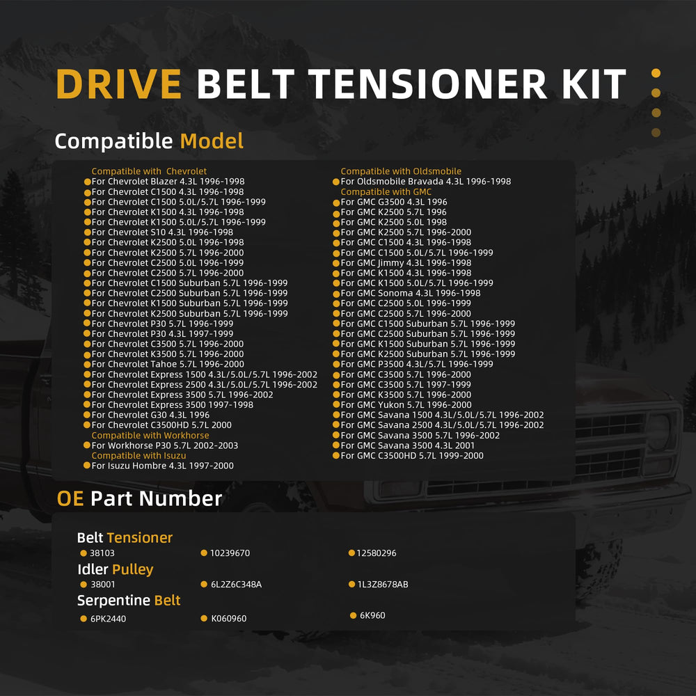 JAVOUKA serpentine belt idler pulley kit packaging shows comprehensive compatibility options.