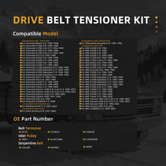JAVOUKA serpentine belt idler pulley kit packaging shows comprehensive compatibility options.