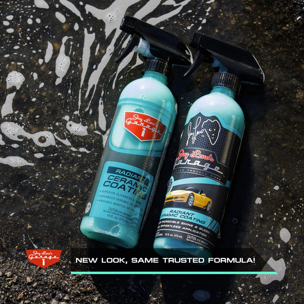 Jay Leno's Garage Radiant Ceramic Coating spray mist shows quick coverage and hydrophobic protection
