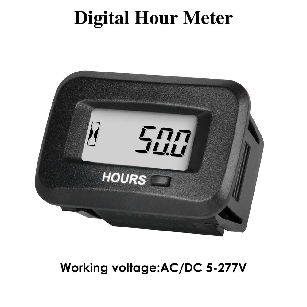 Jayron hour meter with snap-in installation makes mounting easy on standard panels.