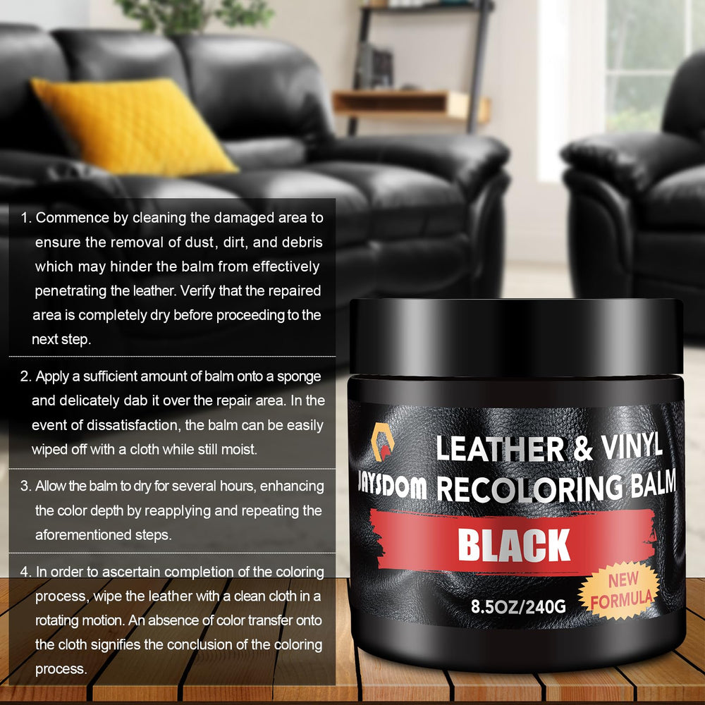 JAYSDOM leather repair kit in use on a sofa surface.