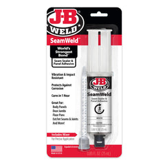 JB Weld SeamWeld 25ml white bottle for durable automotive panel bonding.
