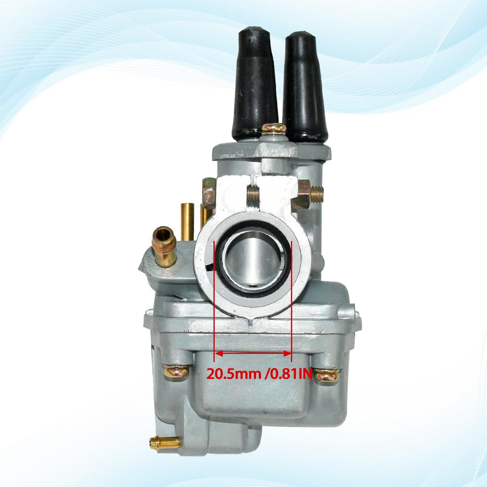 JDLLONG PW80 carburetor top view demonstrates integrated fuel lines and clamps.