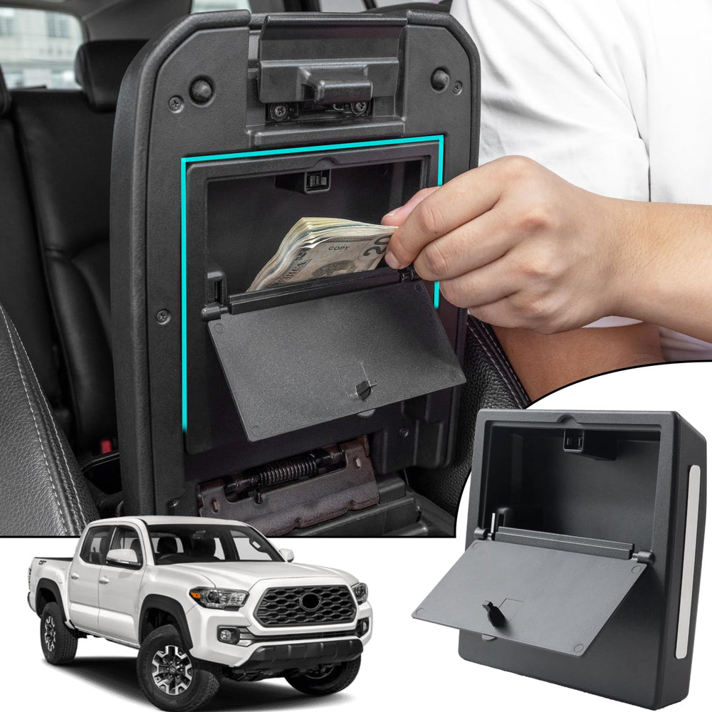 JDMCAR one-touch hidden storage box mounted on Tacoma center console lid for discreet organization.