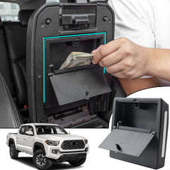 JDMCAR one-touch hidden storage box mounted on Tacoma center console lid for discreet organization.
