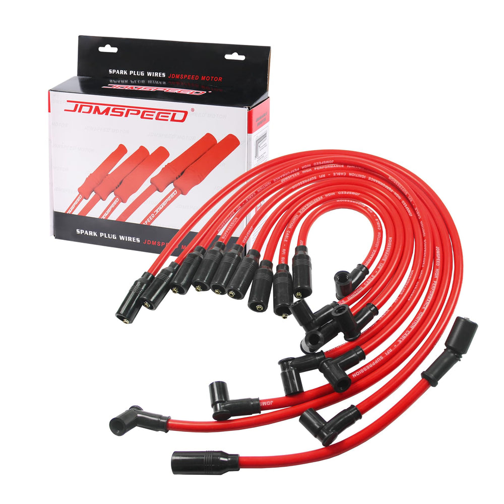JDMSPEED spark plug wire set with red silicone insulation for heat resistance.