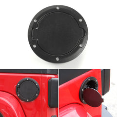 JeCar aluminum gas cap and fuel door on Jeep Wrangler JK, rugged and black finish.