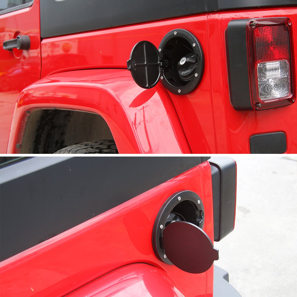 JeCar black textured finish fuel door complements Wrangler JK color schemes