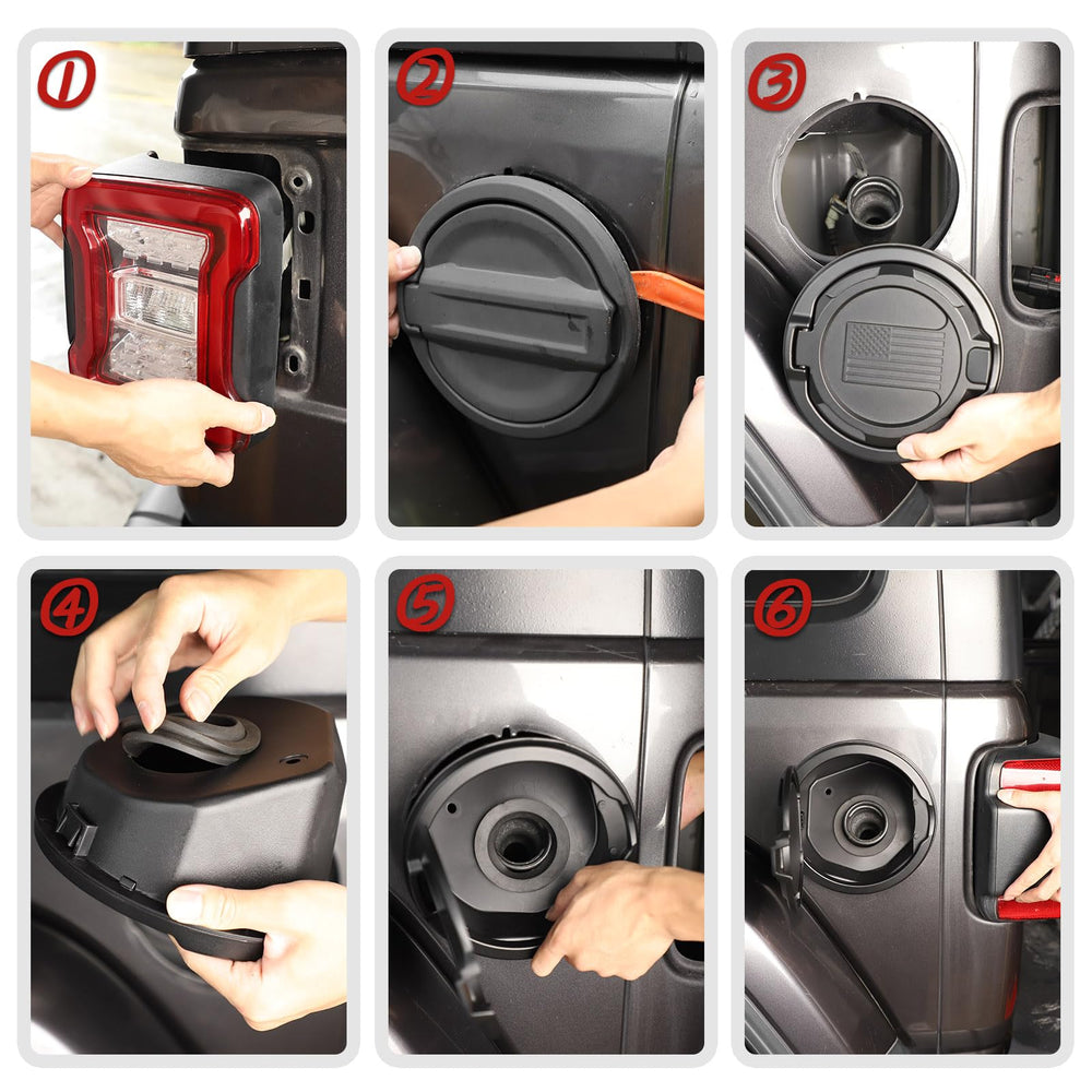 Easy replacement for factory fuel door with rugged upgrade from JeCar