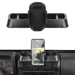 JeCar TJ phone holder mounted on Jeep Wrangler TJ dash for secure hands-free driving.