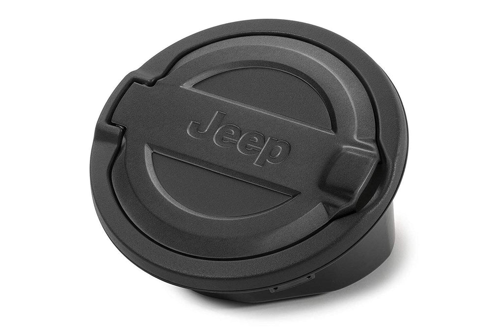 Jeep Fuel Door Black closeup showing durable cast aluminum and clean lines