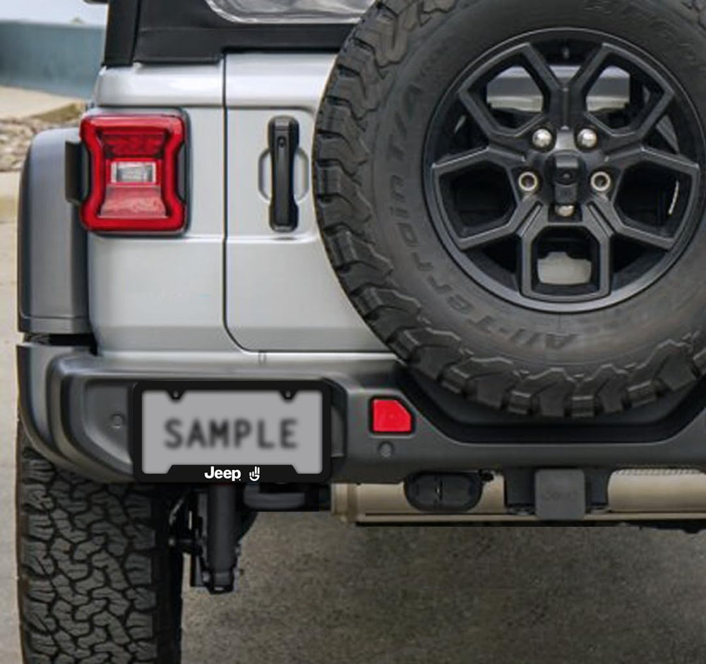 Jeep Wave license plate frame - side profile demonstrates slim, unobtrusive mounting.