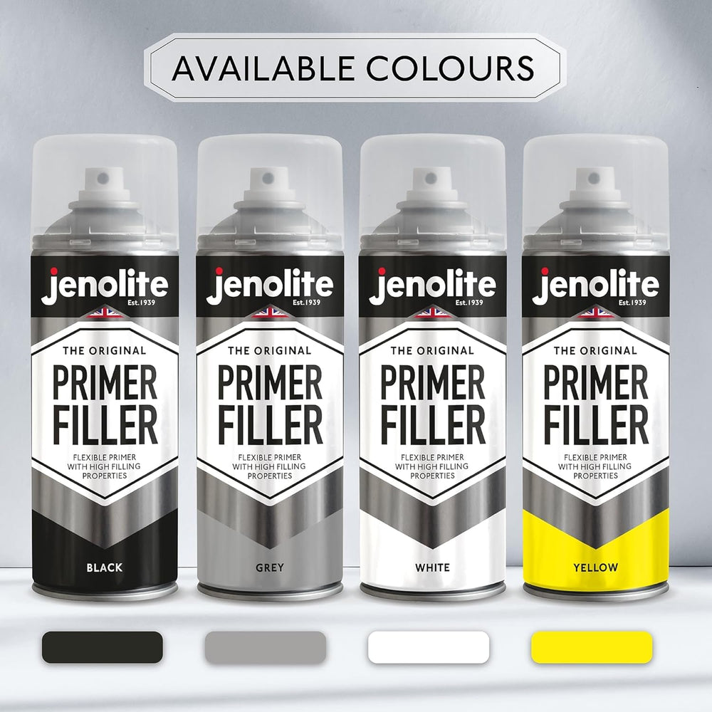 JENOLITE Primer Filler Aerosol Paint Grey ideal for automotive preparation.