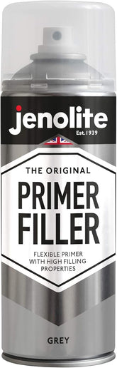 JENOLITE Primer Filler Aerosol Paint Grey can close-up with label.
