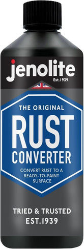 Jenolite rust converter bottle ready for metal rust treatment and prep.